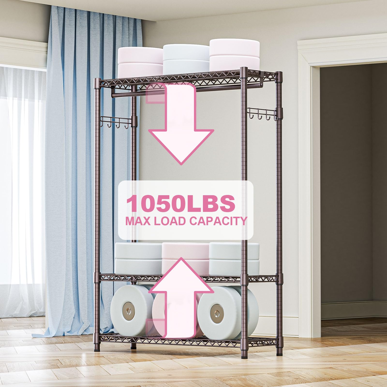 Heavy Duty Rolling Garment Rack 3 Tiers Adjustable Wire Shelving Clothes Rack with 1 Rods and Side Hooks