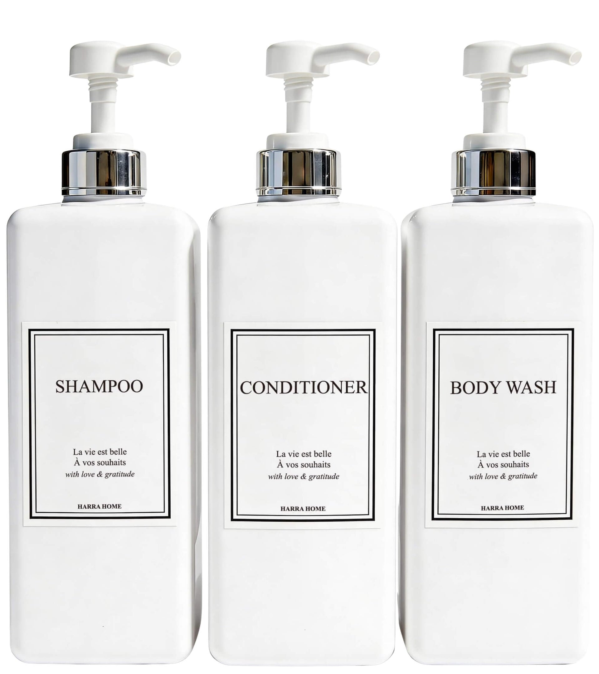 Modern Gold Design Pump Bottle Set 27 oz Refillable Shampoo and Conditioner Dispenser Empty Shower Plastic Bottles with Pump for Bathroom Lotion Body wash (3 Count)