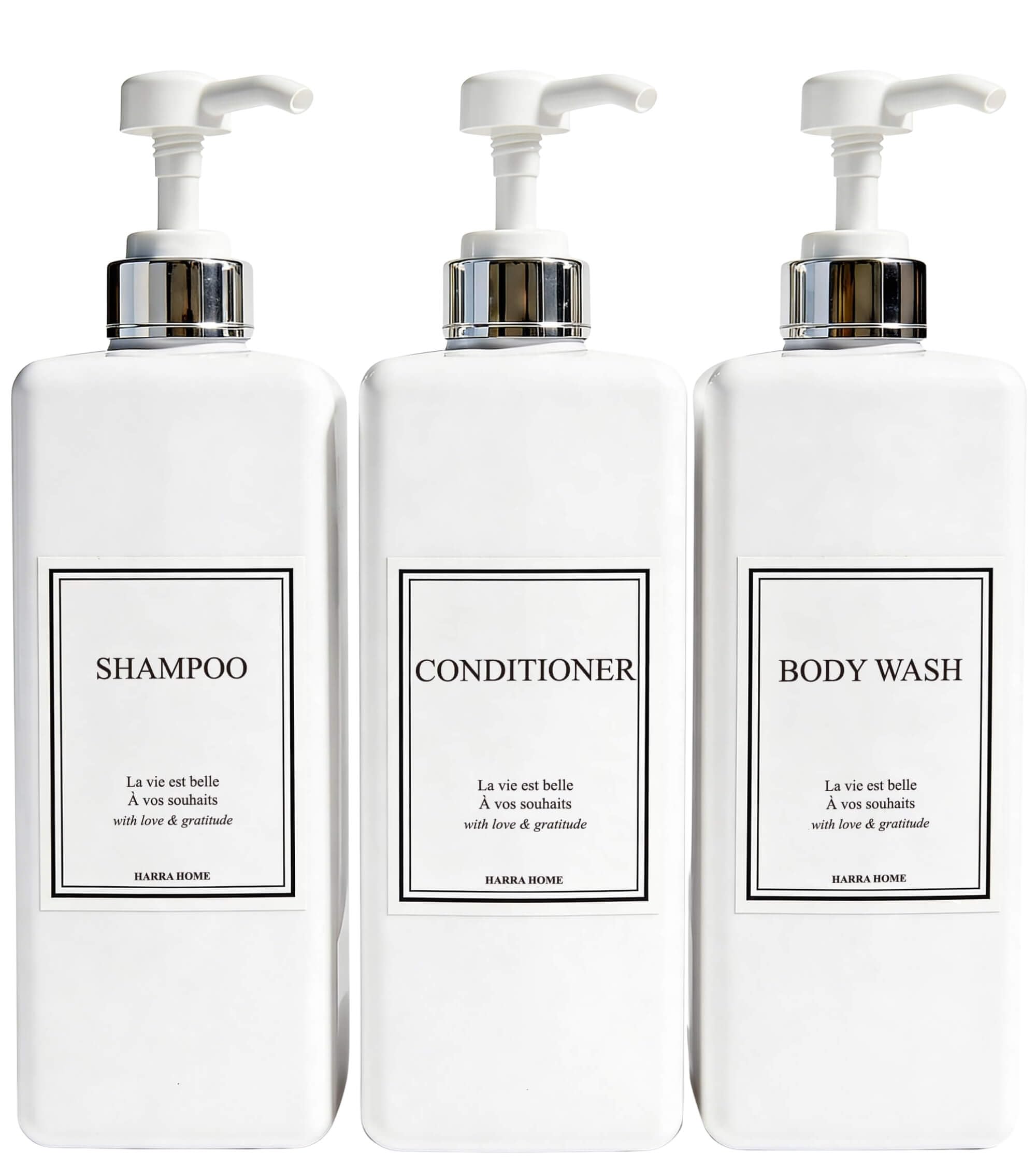 Modern Gold Design Pump Bottle Set 27 oz Refillable Shampoo and Conditioner Dispenser Empty Shower Plastic Bottles with Pump for Bathroom Lotion Body wash (3 Count)