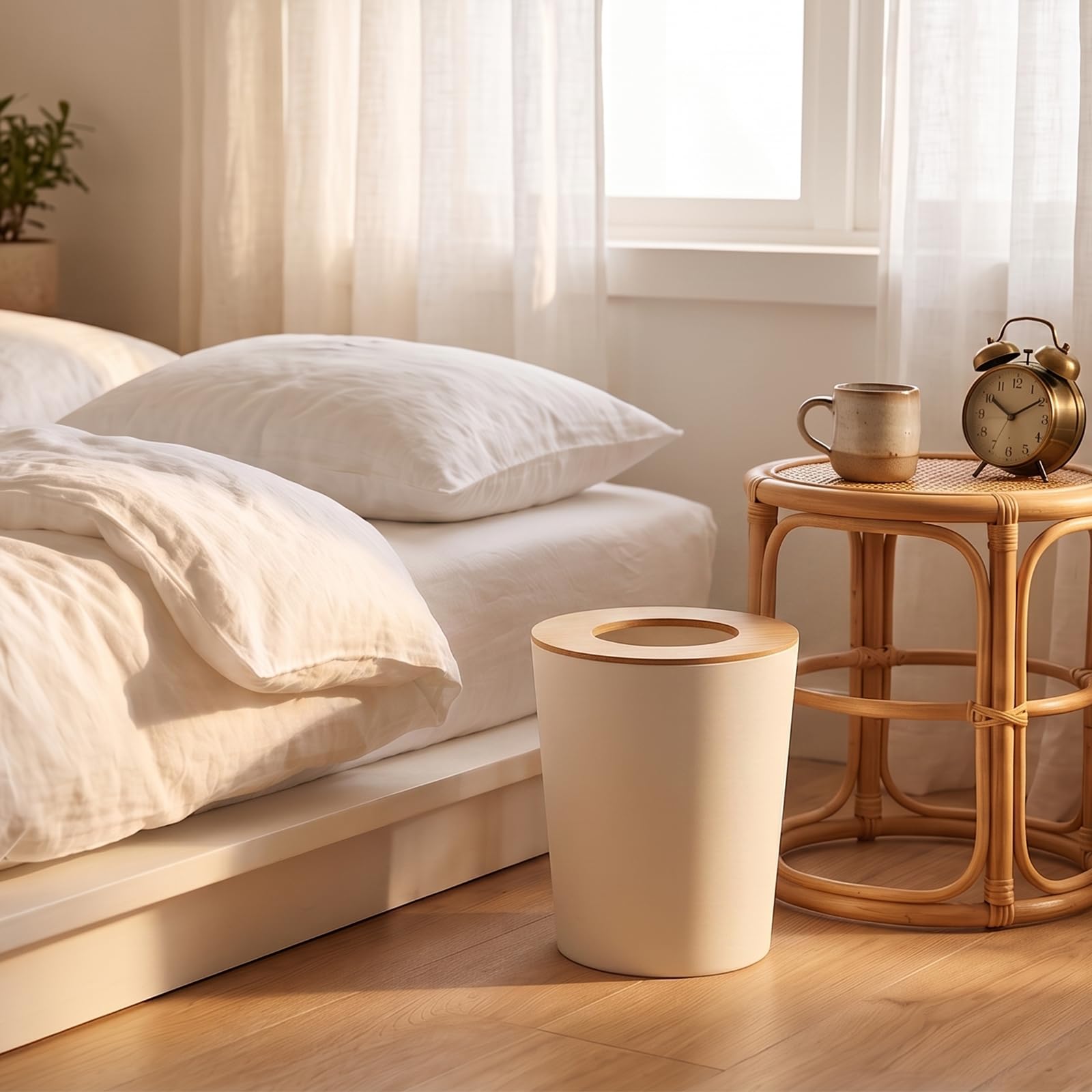White Trash Can for Bedroom with Bamboo Lid (2 Count)