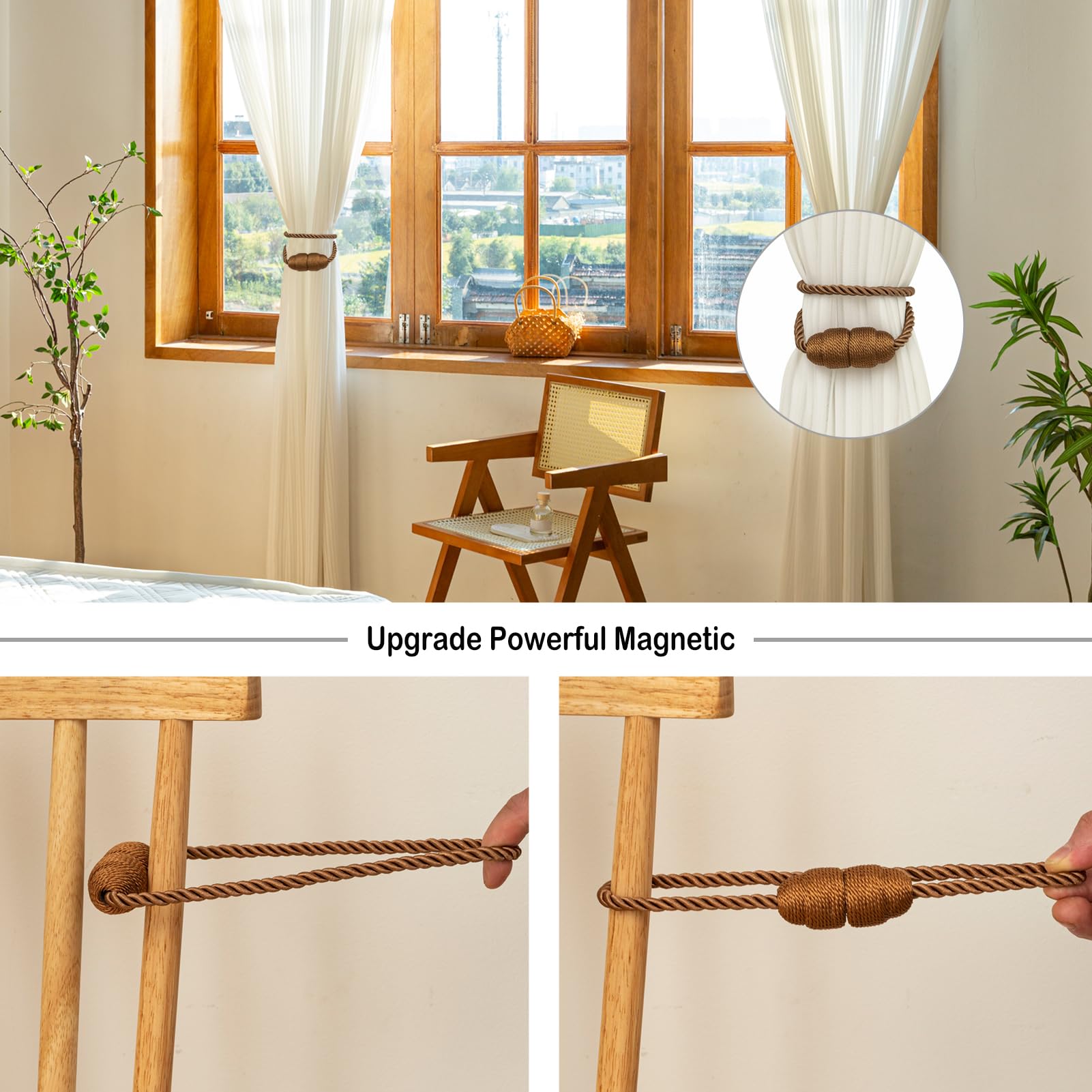 Magnetic Rope Curtain Tiebacks 6 Pack Holders for Drapes and Curtains (6 Count)