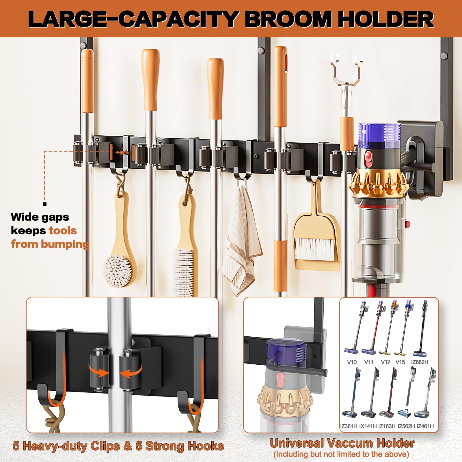 Broom Holder Wall Mount with Cleaning Supplies Organizer