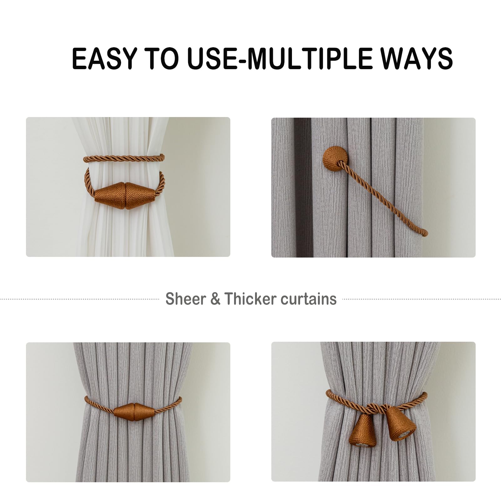 Magnetic Curtain Tiebacks 4 Pack Outdoor Rope Curtain Tie Backs Decorative Window Treatment Holdbacks for Home Decorative Curtain (4 Count)