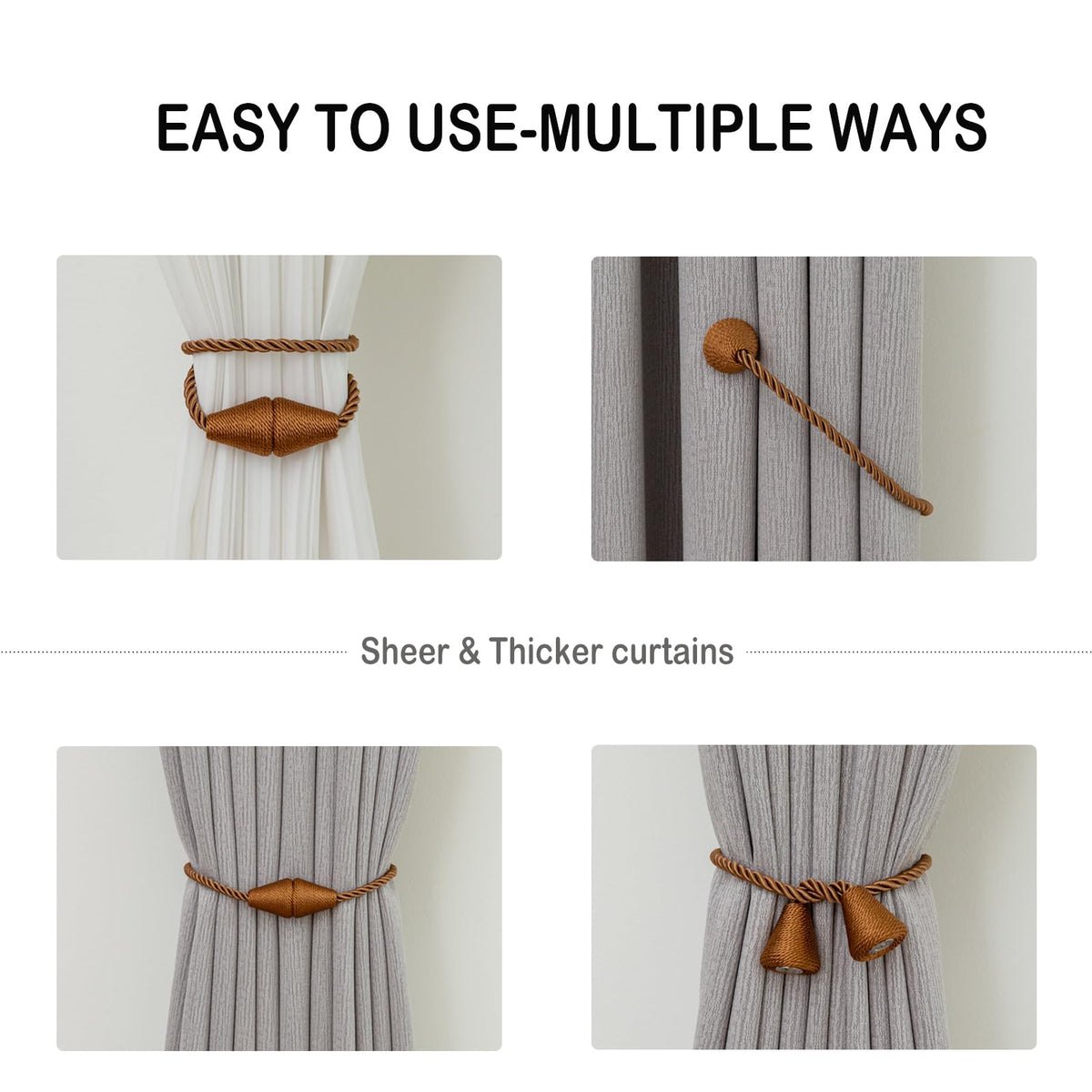 Magnetic Curtain Tiebacks 6 Pack Outdoor Rope Curtain Tie Backs Decorative Window Treatment Holdbacks for Home Decorative Curtain (6 Count)