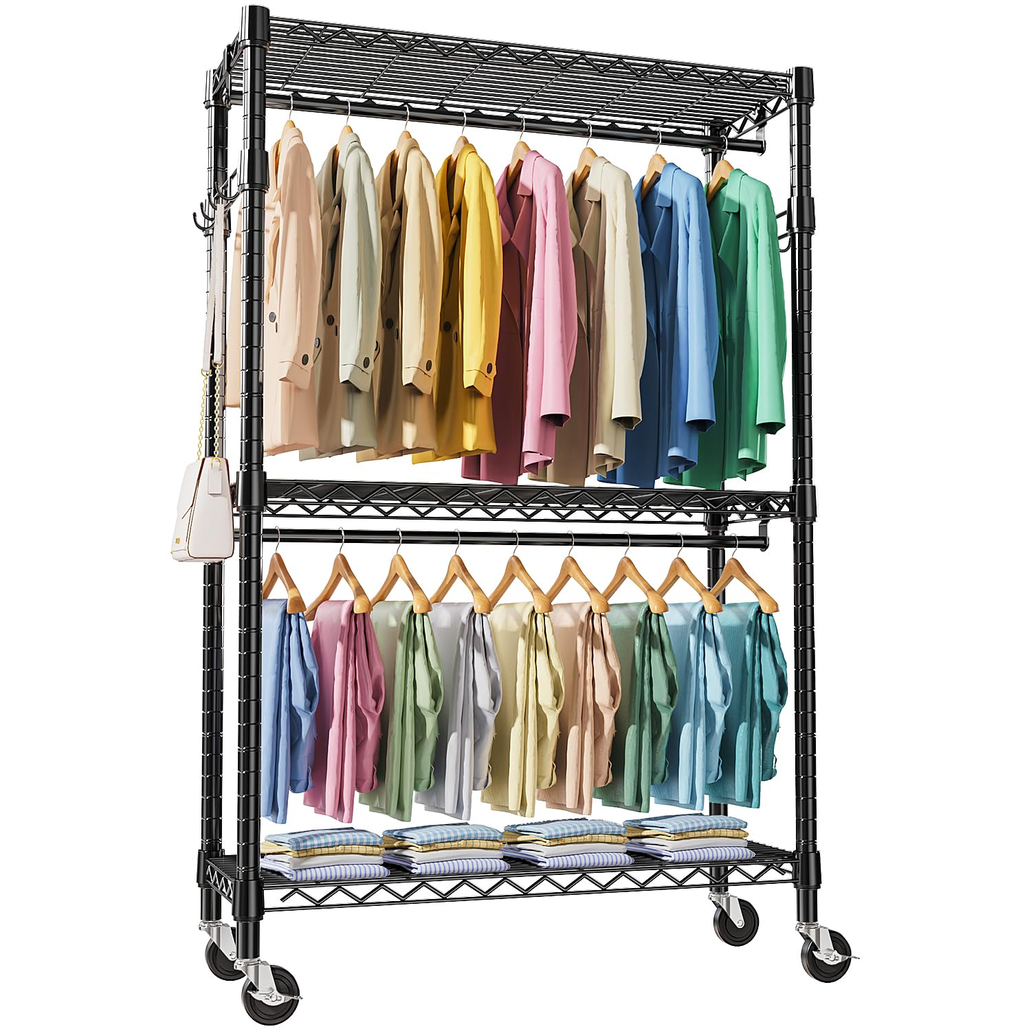 Heavy Duty Rolling Garment Rack 3 Tiers Adjustable Wire Shelving Clothes Rack with 2 Rods and Side Hooks
