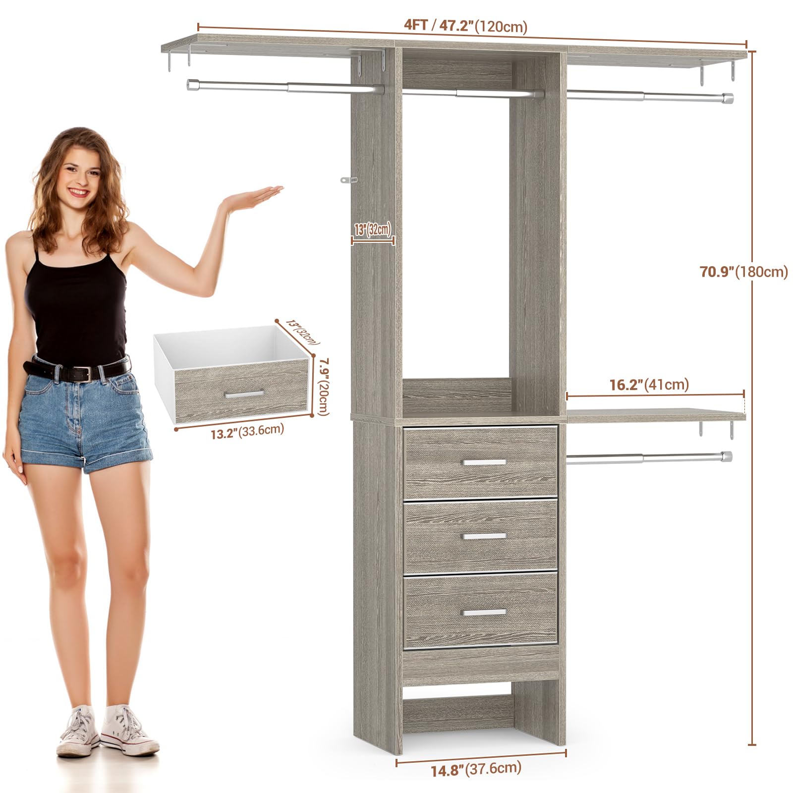 4FT Small Closet System with 3 Fabric Drawers