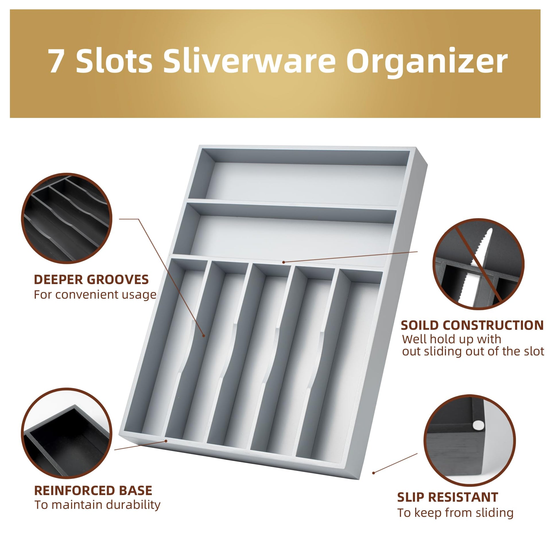 Silverware Organizer 13 Inch Gray Bamboo Kitchen Drawer Organizer 7 Slots Utensil Organizer Silverware Holder Cutlery Organizer Flatware Tray