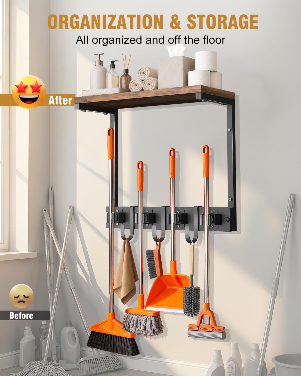 Small Broom Holder Wall Mount with Shelf