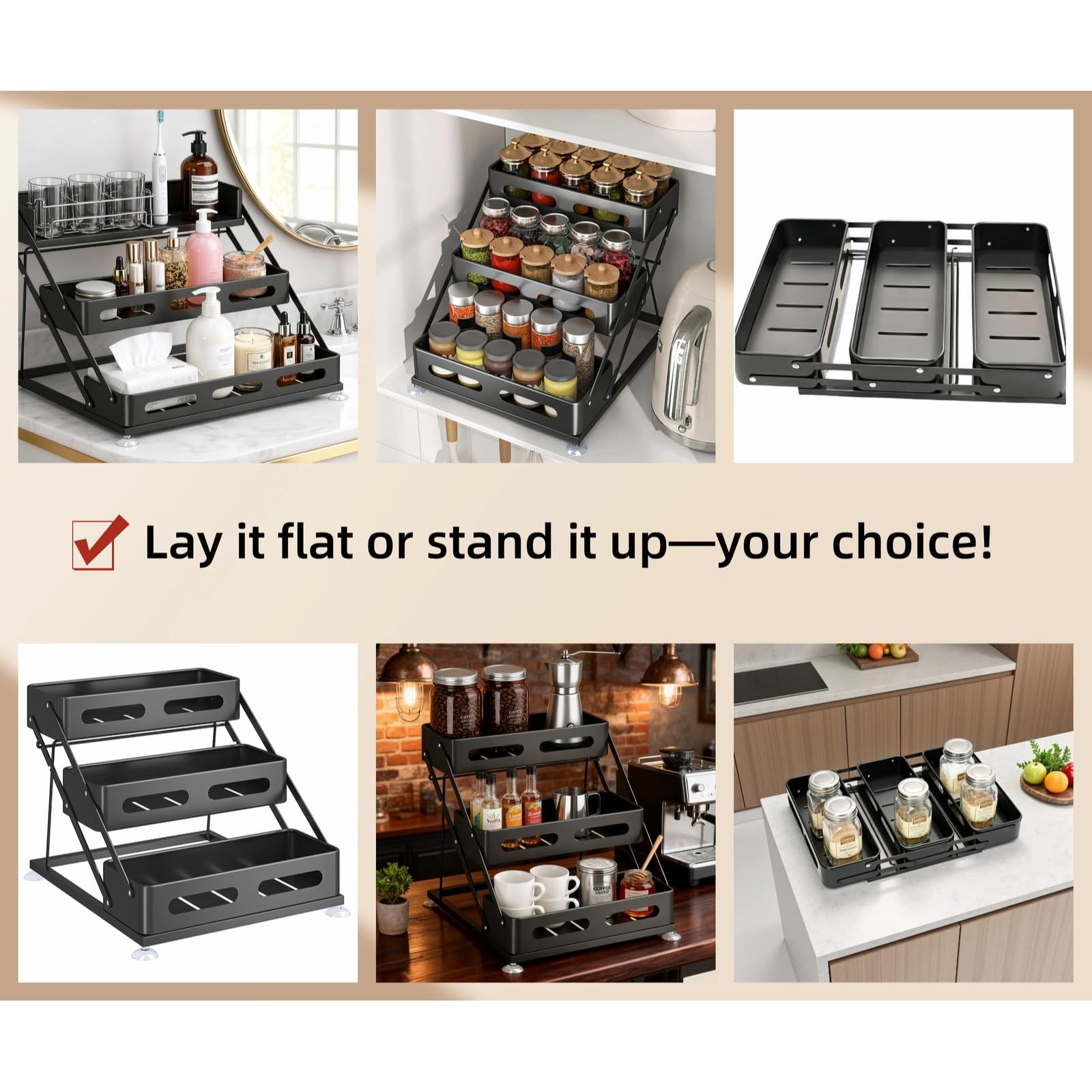 Spice Rack for Countertop 3 Tier Foldable Seasoning Organizer Jars Storage Holder Step Shelf for Cabinet Kitchen Black