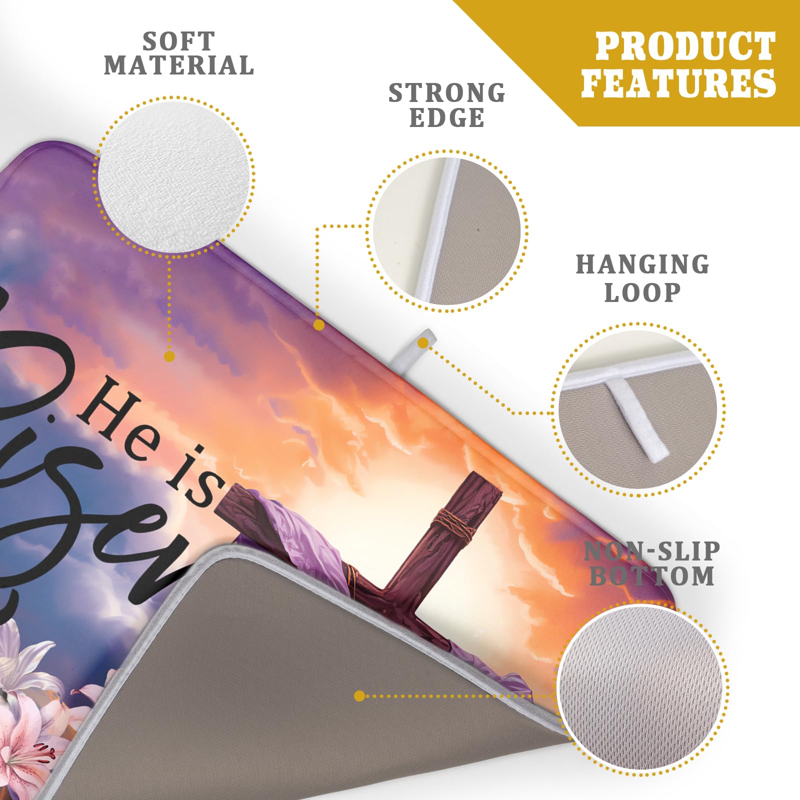 Easter Cross He is Risen Dish Drying Mats 18x24 Inch Spring Drying Mat Absorbent Microfiber Dishes Pad Easter Lily Flowers Dish Drainer Mat Protector for Kitchen Countertops Fast Dry Tableware