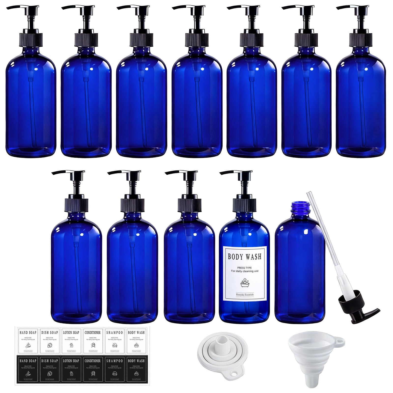 12 Pack 8oz Blue Glass Soap Dispensers with Pump (12 Count)