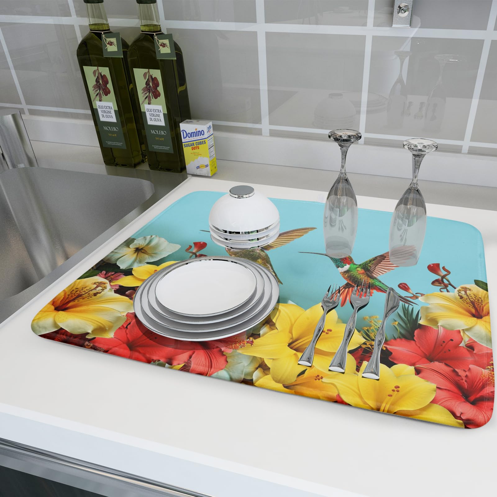 Hummingbirds Floral Dish Drying Mat for Kitchen Counter 18x24 In Hibiscus Tropical Drying Mat Farmhouse Fast Dry Absorbent Microfiber Dish Drainer Rack Pad Mat for Countertop Decor