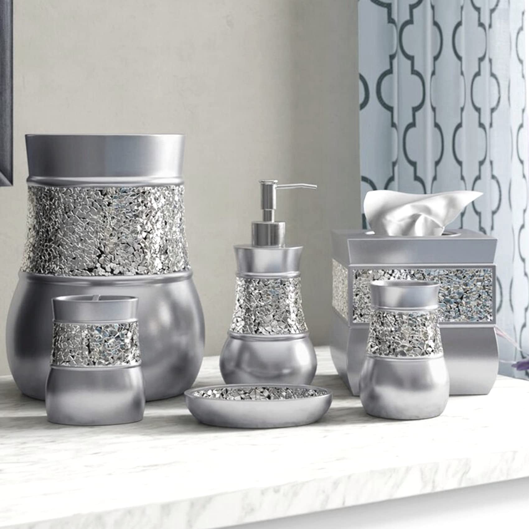Crackled Glass Silver Small Bathroom Trash Can 2.06 Gal