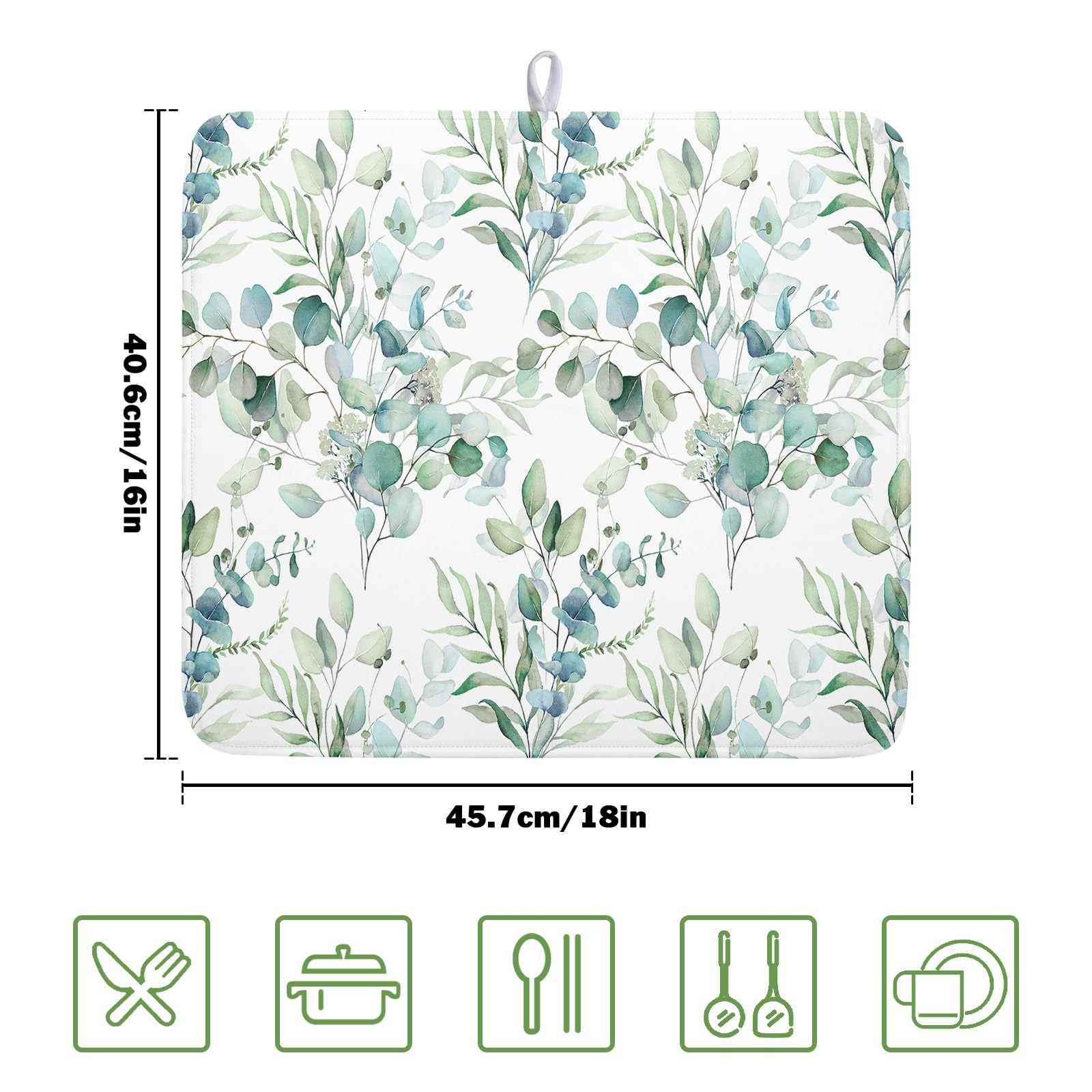 Watercolor Sage Leaves Dish Drying Mats for Kitchen Counter 16x18 Inch