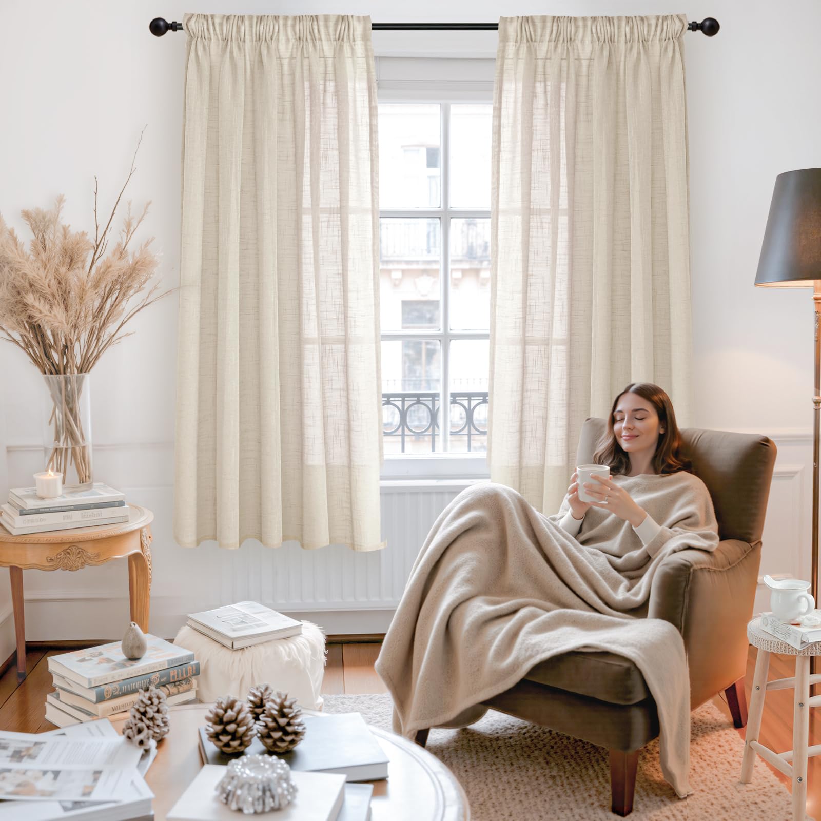 Oatmeal Linen Semi Sheer Curtains 42 X 63 Inch Length 2 Panels (2 Count)