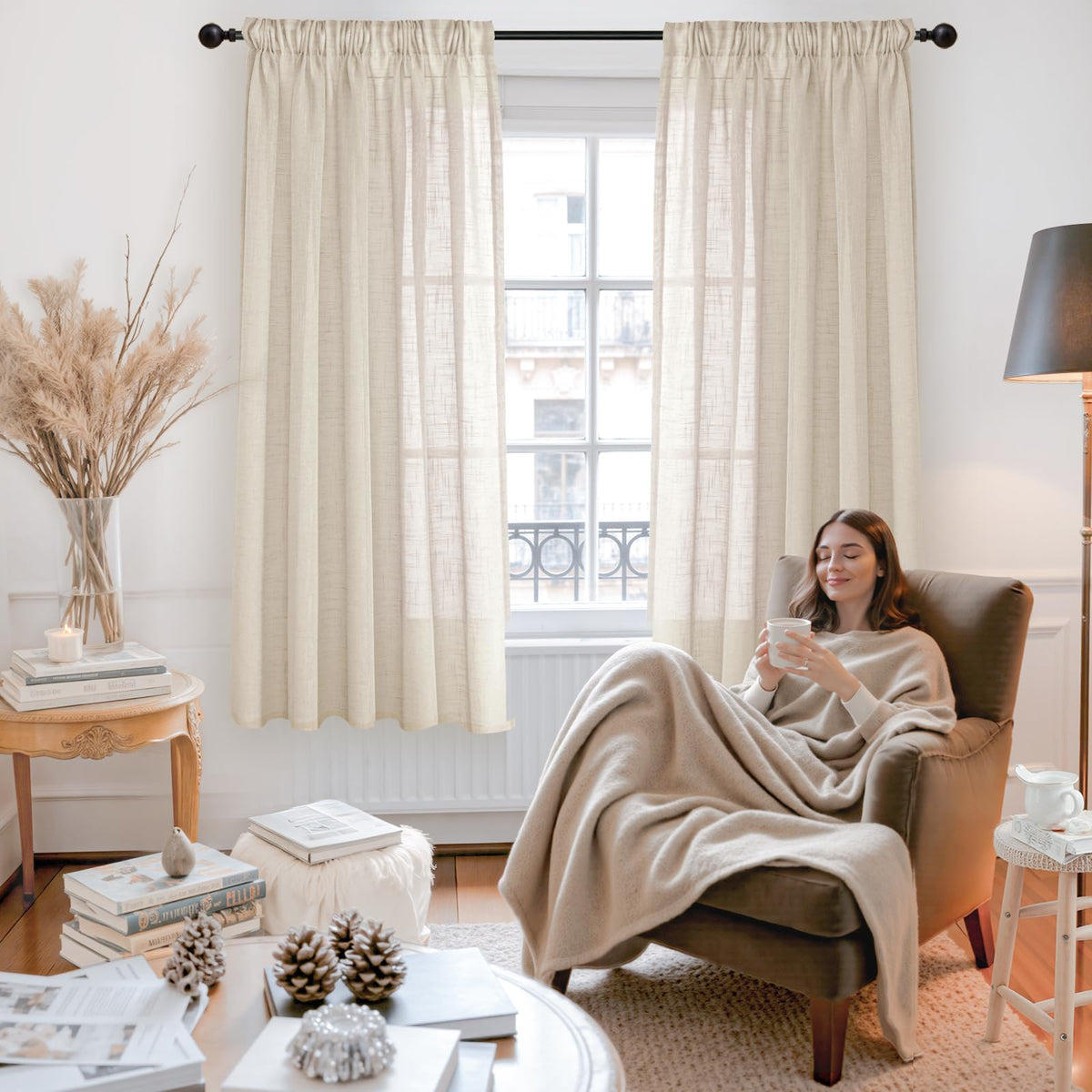 Oatmeal Linen Semi Sheer Curtains 72 Inches Long for Living Room (2 Count)