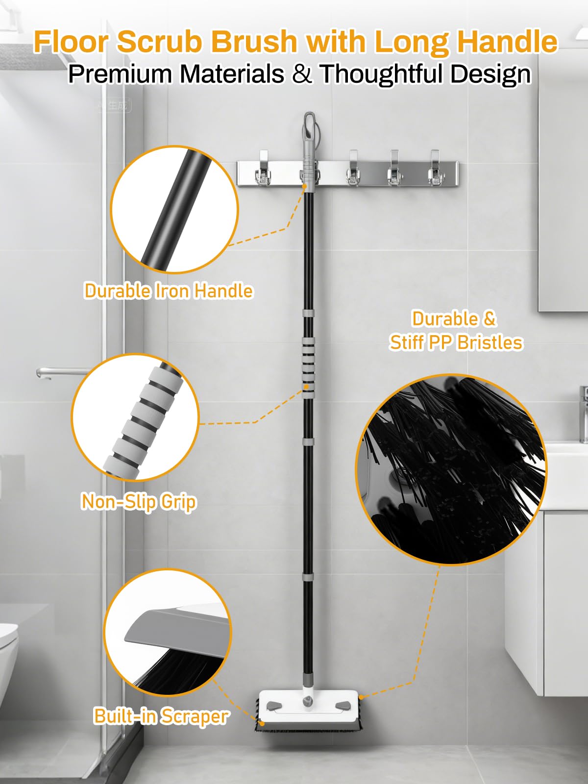 3 in 1 Floor Scrub Brush with Long Handle 55" Push Broom Stiff Bristle Scrubber Brush Squeegee Scrape & Detachable V