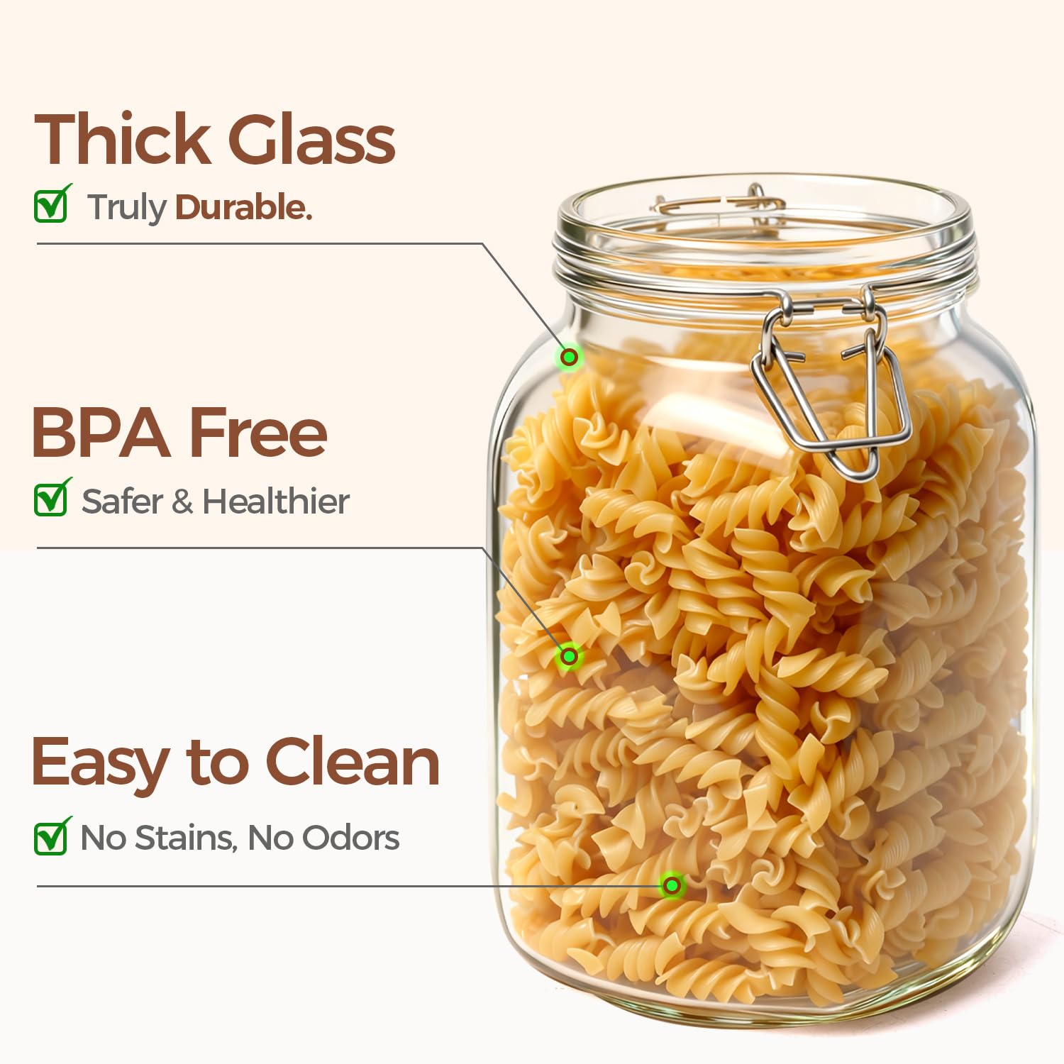 Square Glass Jars with Airtight Lids 51 oz 3 Pack Wide Mouth (3 Count)