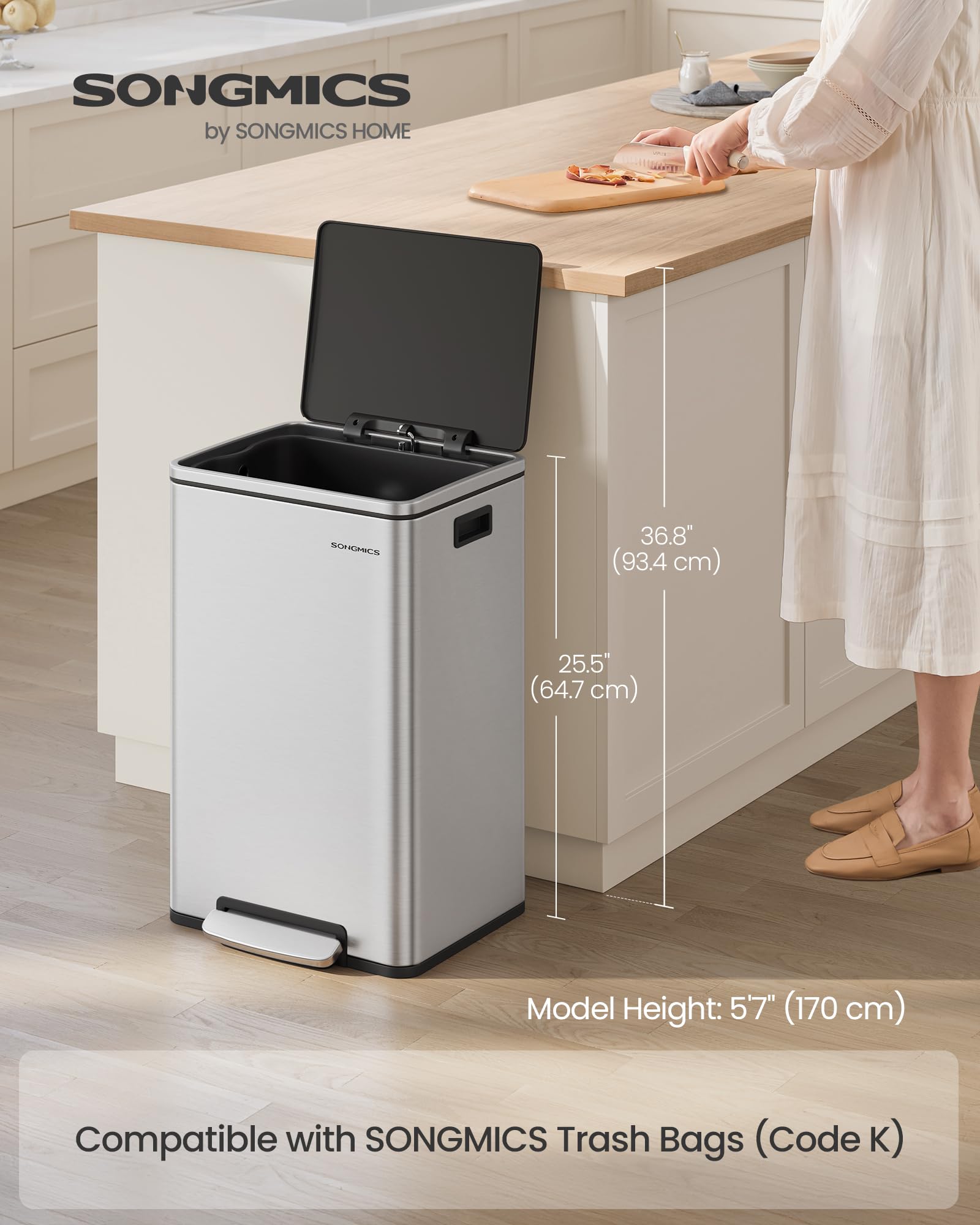 Trash Can, 13-Gallon, Stainless Steel, Soft-Close Lid