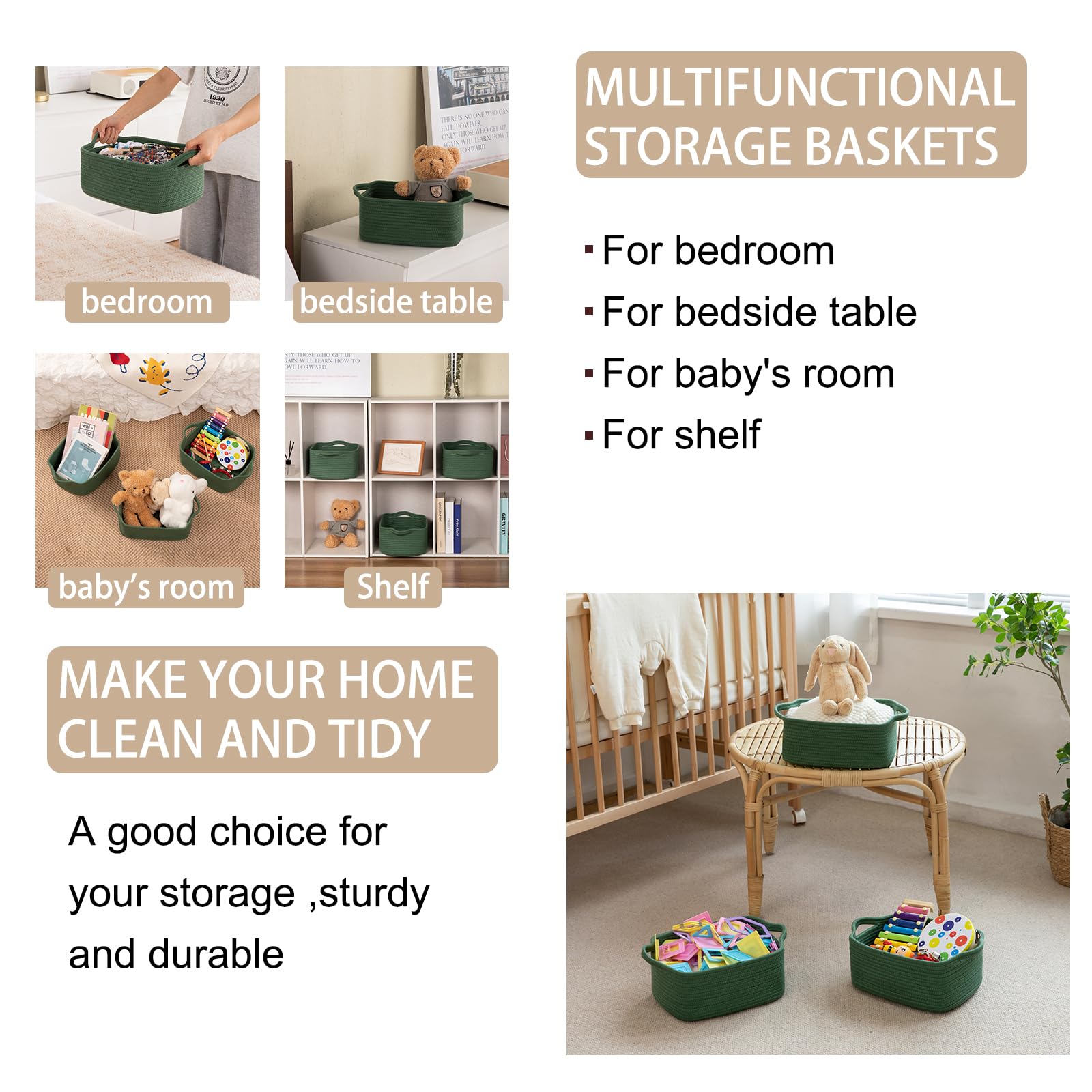 3 Pack Storage Baskets for Shelves Cotton Rope Storage Bins Green (3 Count)