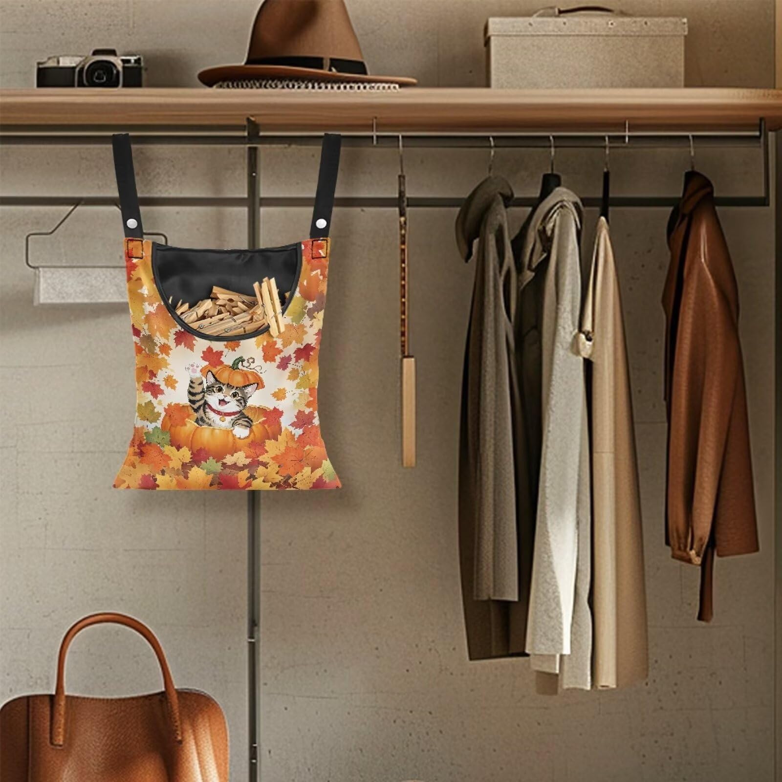Fall Cat Pumkpin Clothespin Bags with Hanging Rope Maple Space