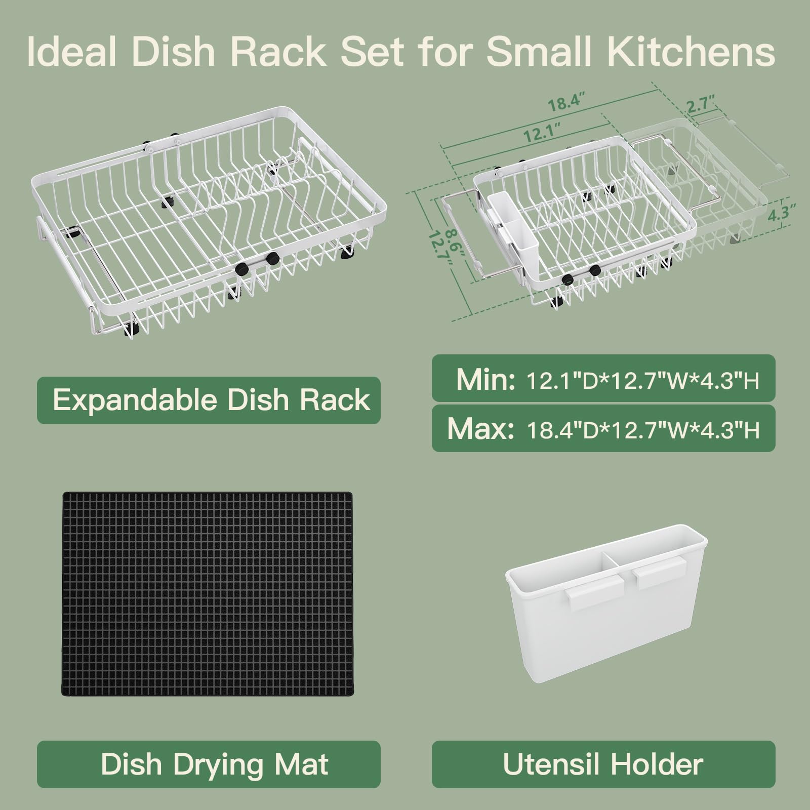 White Dish Drying Rack Over The Sink with Utensil Holder