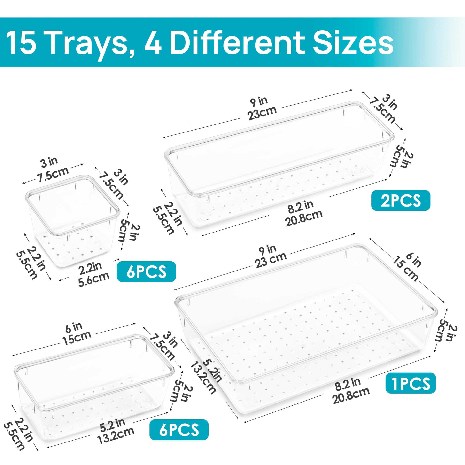 15 PCS Clear Plastic Drawer Organizers Set (15 Count)