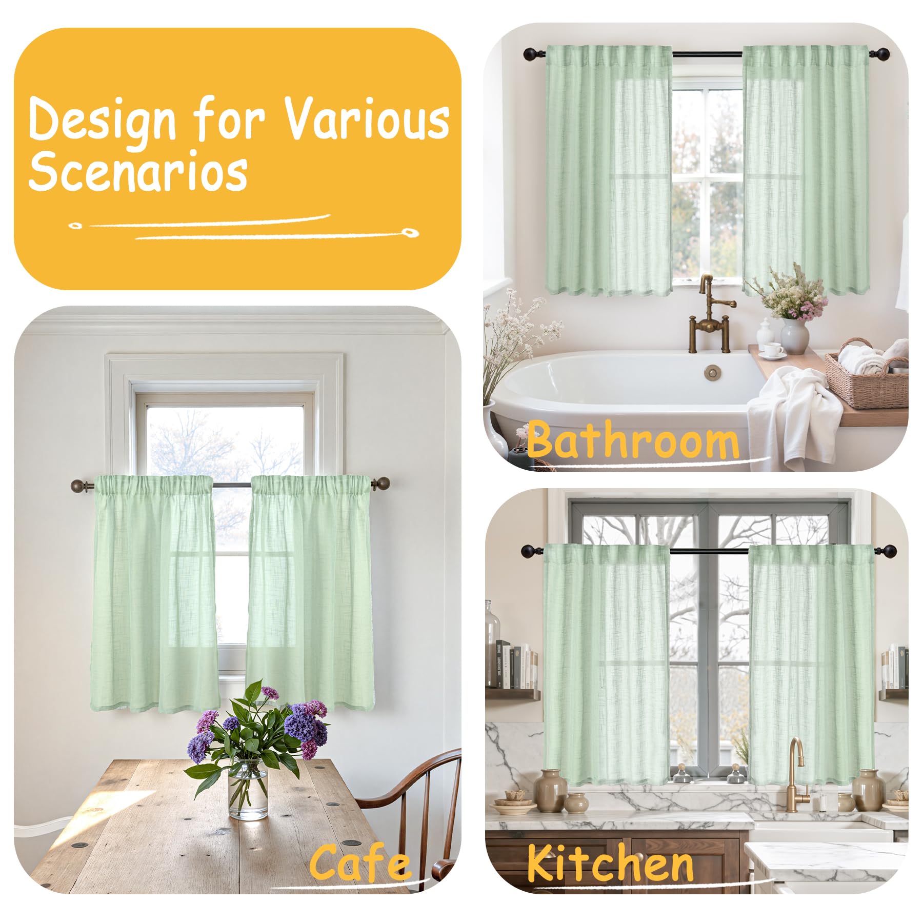 Light Green Linen Semi Sheer Curtains 40 Inch Length for Kitchen Window (2 Count)