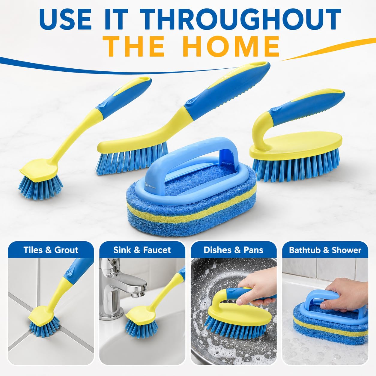 Scrub Brush Set for Bathroom Kitchen Bathtub Toilet Deep Cleaning Brush Tools All Purpose Cleaner Sponge Scrubbing Brushes with Ergonomic Handle (4 Count)