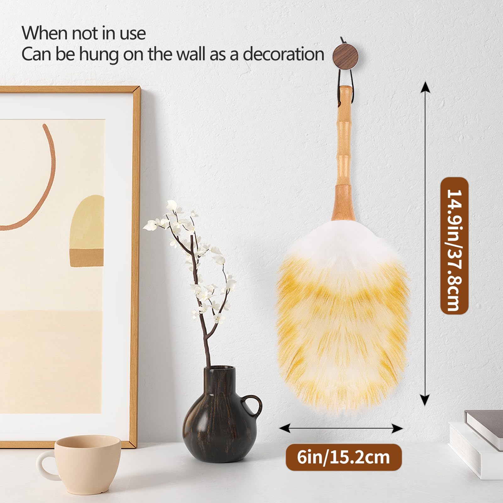 Lambswool Duster for Cleaning with Solid Wooden Handle Leather Hang Strap 14.9 inch Natural Feather Duster for Cleaning Ceiling Fans Window Blinds Computer Furniture