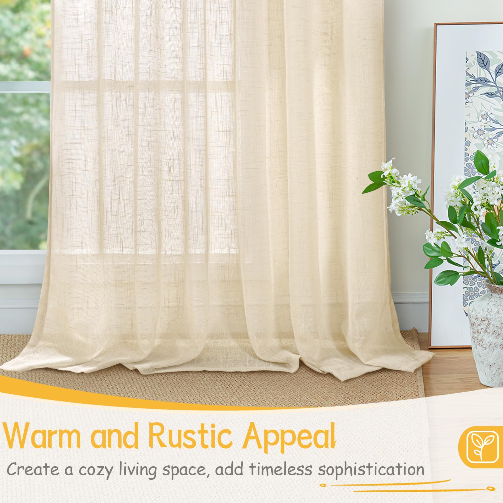 Linen Semi Sheer Curtains 54 Inch Length for Living Room Window (2 Count)