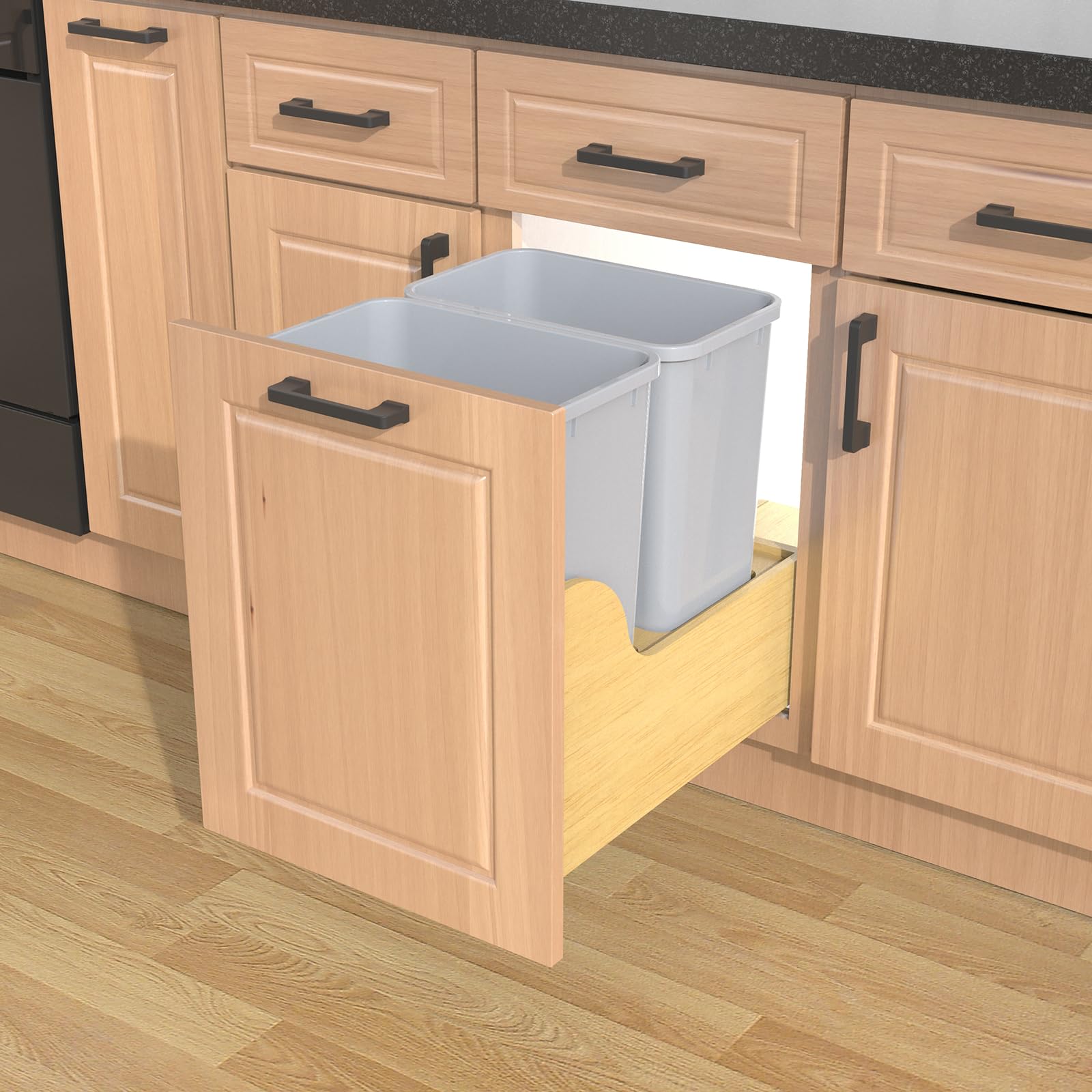 Double 35 Quart Pullout Under Cabinet Trash Cans Solid Wood Bottom