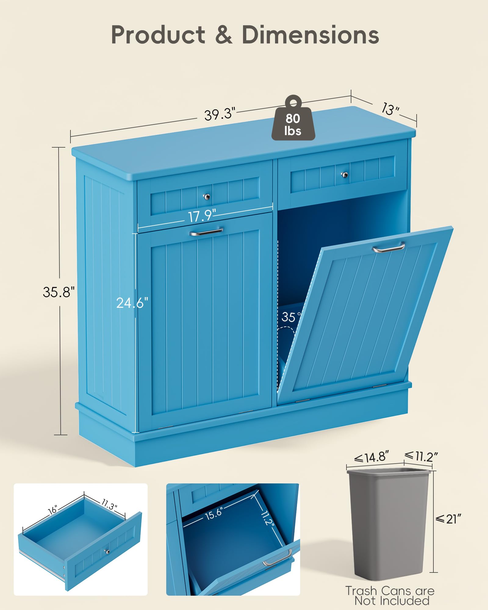 2 x 10 Gallon Tilt Out Trash Cabinet with 2 Big Storage Drawer