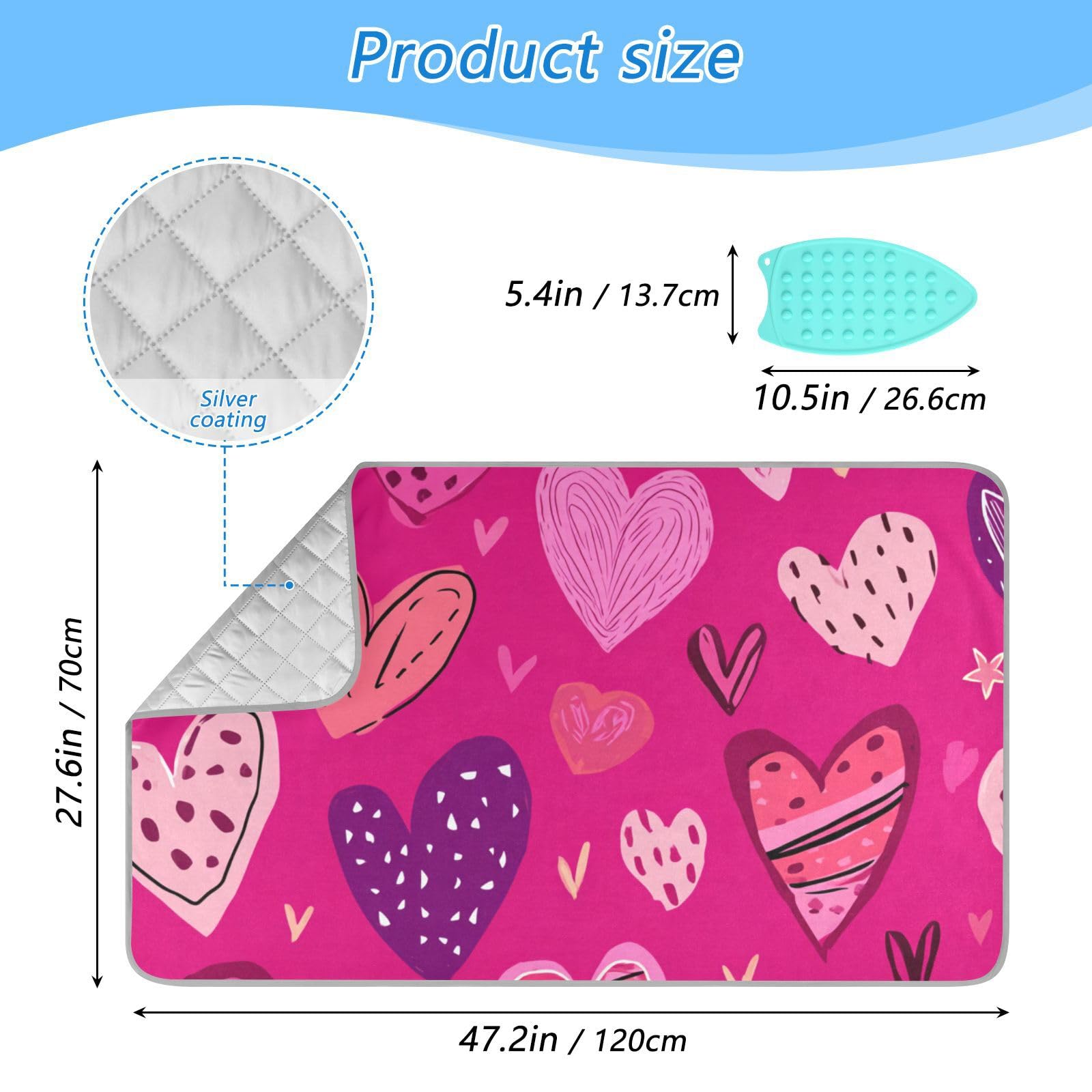 Hot Pink Doodle Hearts Stars Valentine Ironing Mat Portable Ironing Pad Blanket with Silicone Iron Rest for Table Top Travel Heat Resistant Double