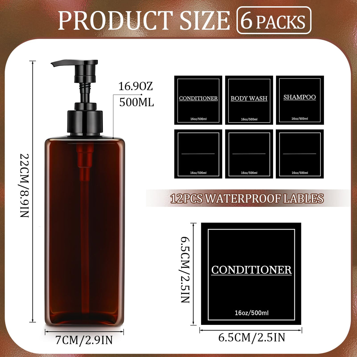 6 Pcs Shampoo and Conditioner Dispenser Bottles 16oz Modern Shower Soap Bottles with Pump (6 Count)