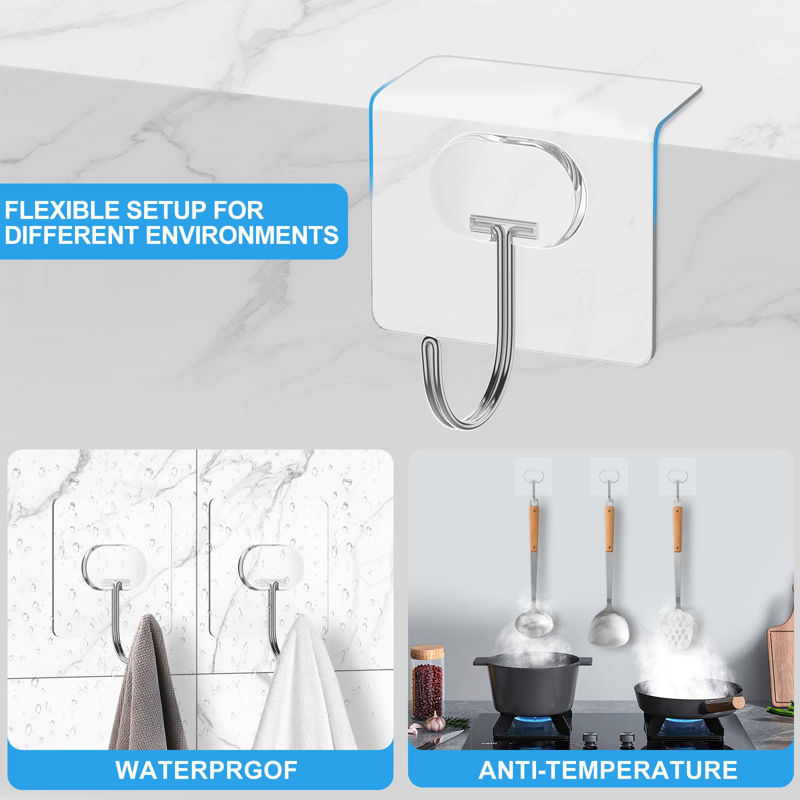 Adhesive Wall Hooks No Drill Large Clear Heavy Duty (8 Count)