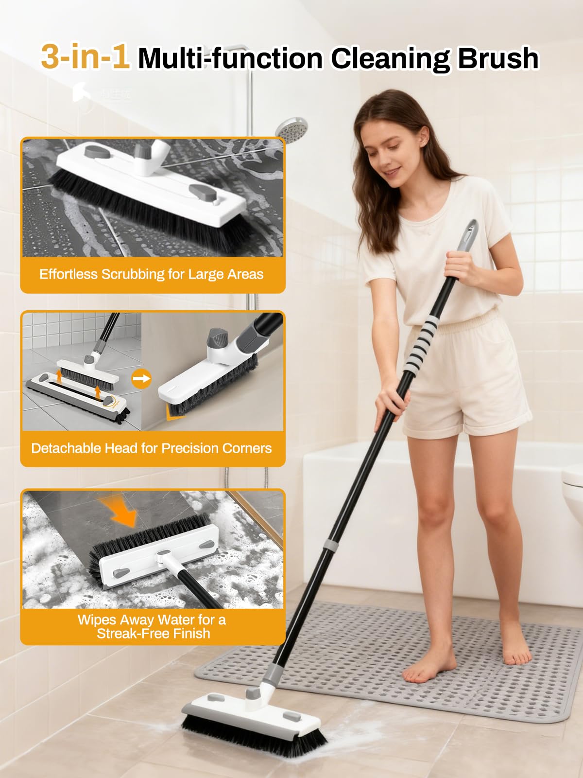 3 in 1 Floor Scrub Brush with Long Handle 55" Push Broom Stiff Bristle Scrubber Brush Squeegee Scrape & Detachable V