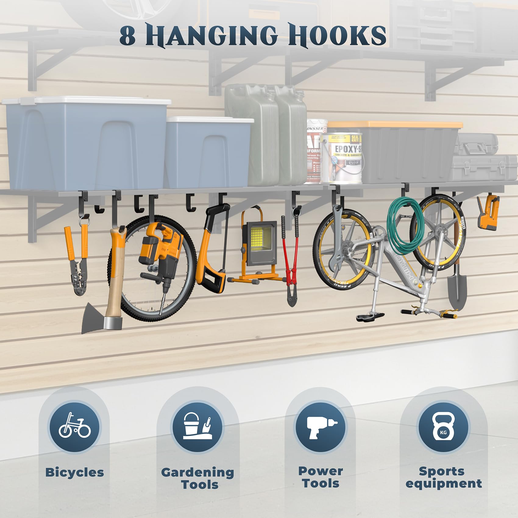 2 Pack Wall Mounted Garage Shelving with 8 Hooks (2 Count)