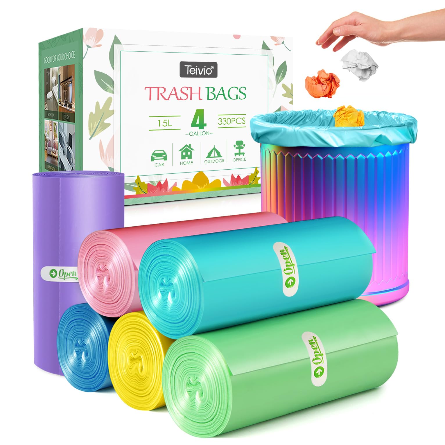 4 Gallon 330 Counts Colorful Small Trash Bags 3.8 Gal 4 Gal 4+ Gal fit 15 liter Garbage Bags by Teivio