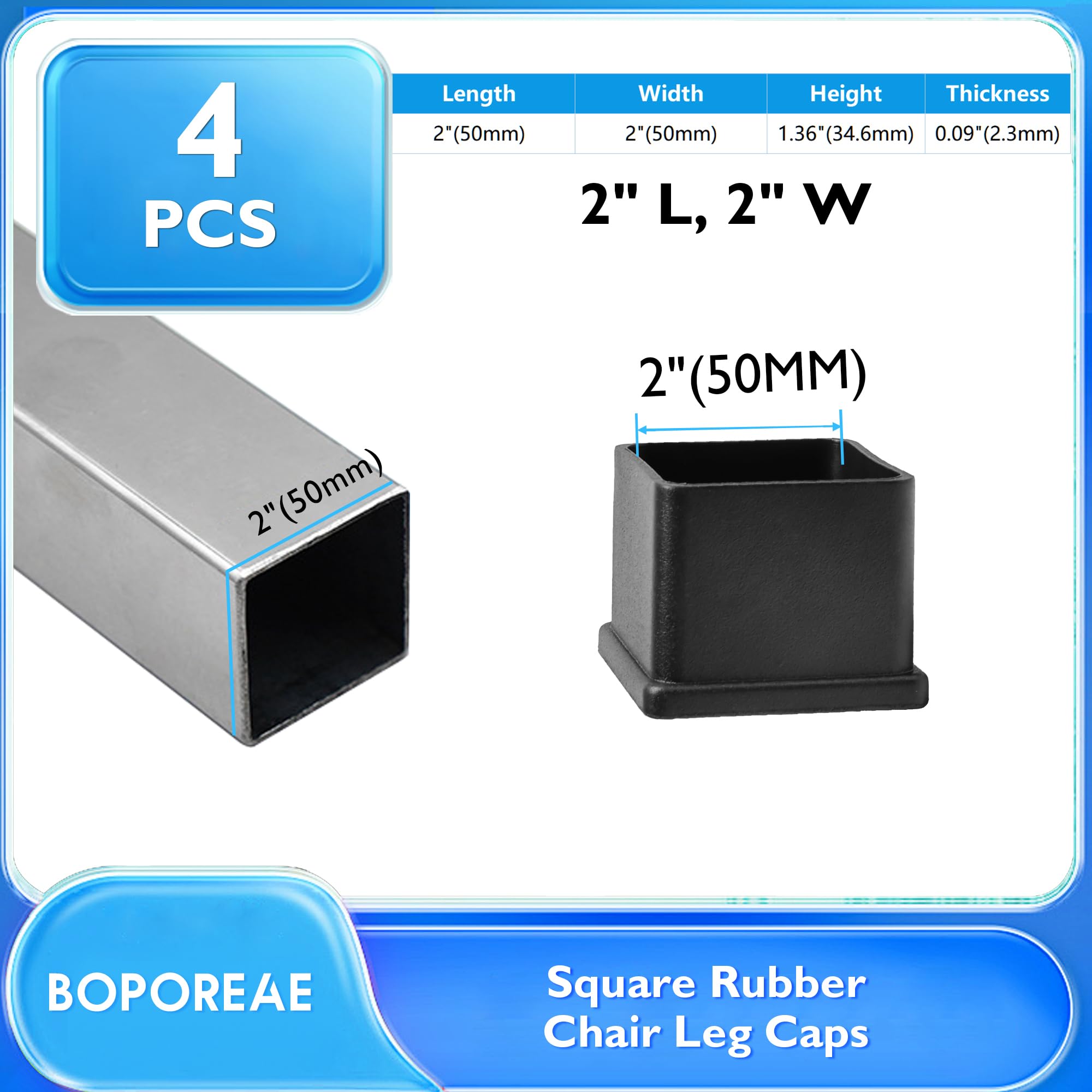 4 Pcs 2" x 2" Black Square Rubber Chair Leg Caps (4 Count)