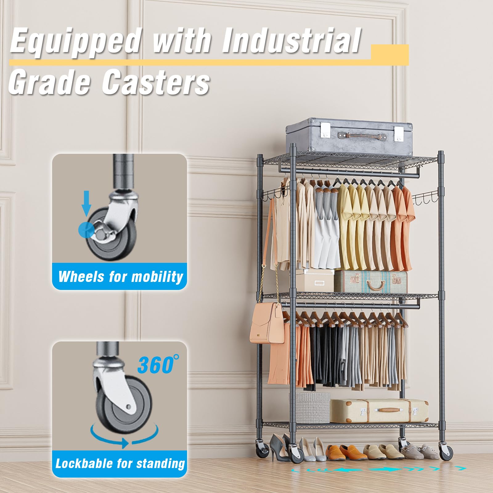 Narrow Rolling Garment Rack with Double Rods and 3 Adjustable Shelves