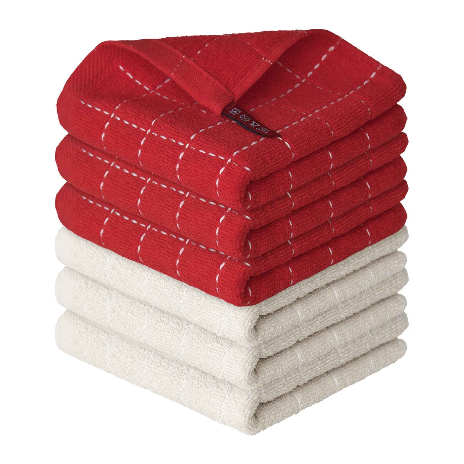 Checkered Designed Cotton Beige Red Terry Kitchen Dish Cloths (6 Count)