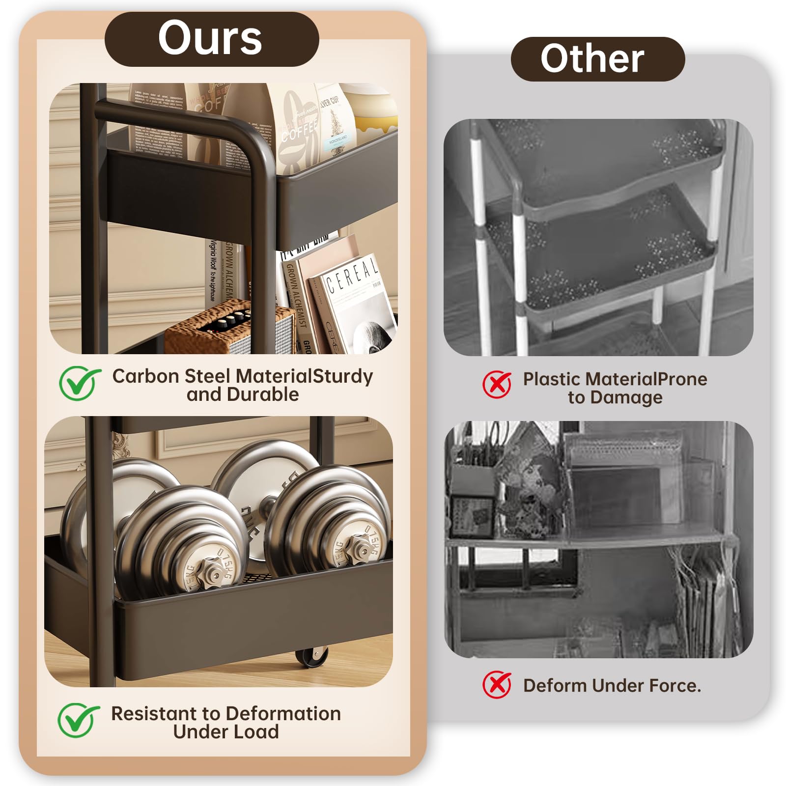 3 Tier Metal Rolling Utility Cart Organizer with Walnut Table Top