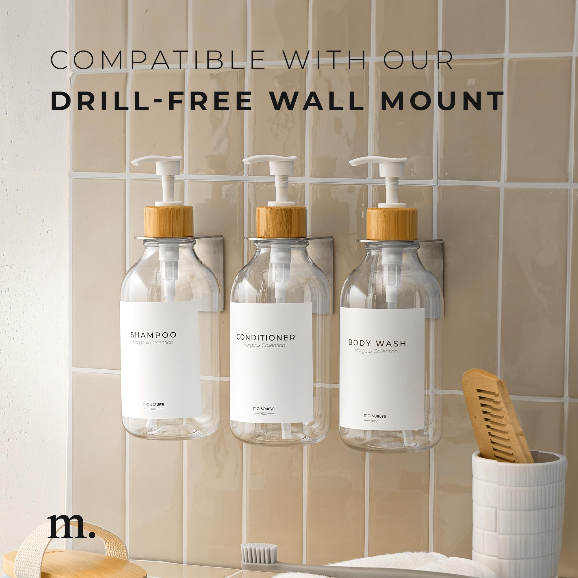 Shampoo and Conditioner Bottles Set of 3 Clear Bamboo (3 Count)