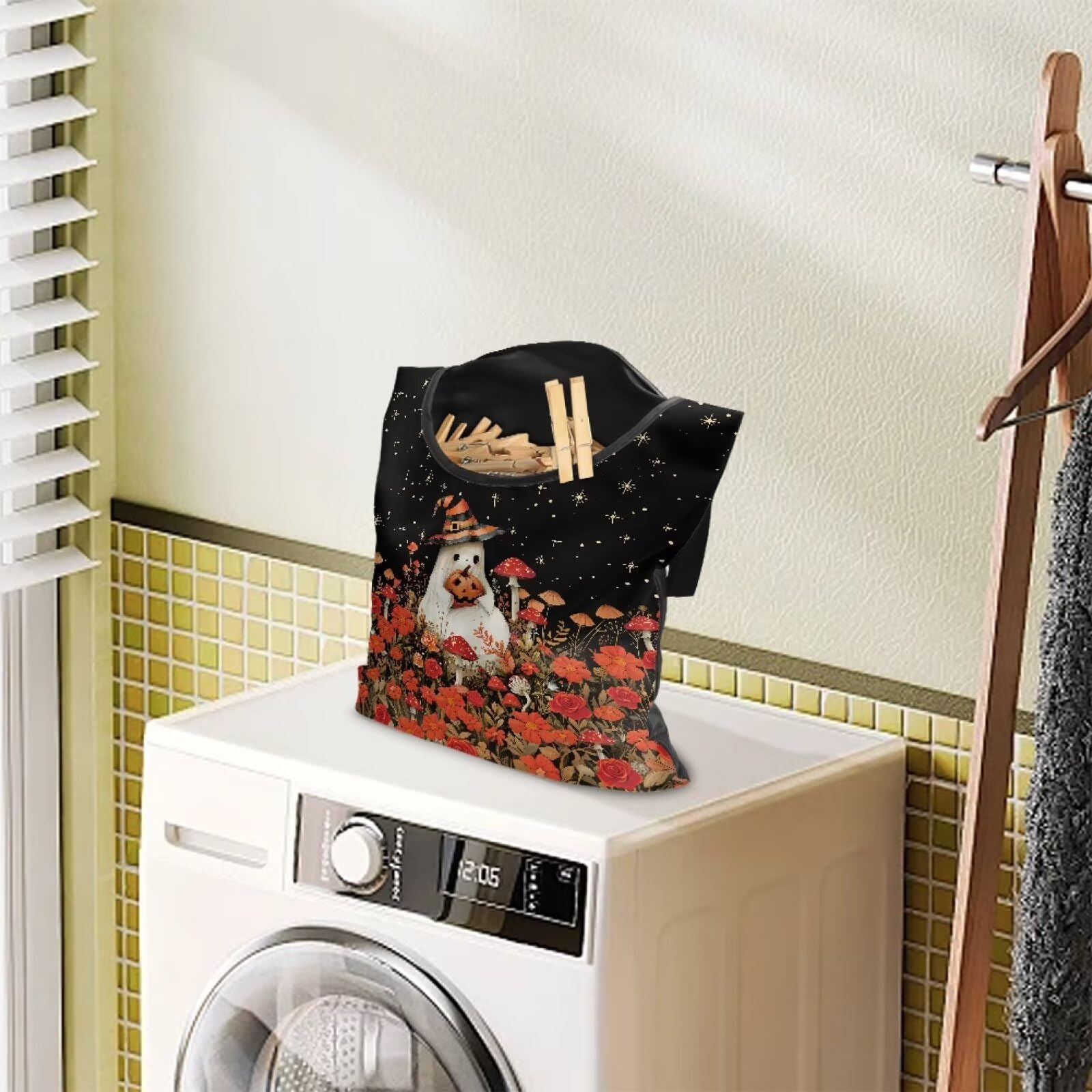 Halloween Ghost Clothespin Bag Laundry Hanging Storage Organizer with Rope Red Mushroom Clothespin Holder with Large Opening for Clothesline Outdoor Clothespins Storage