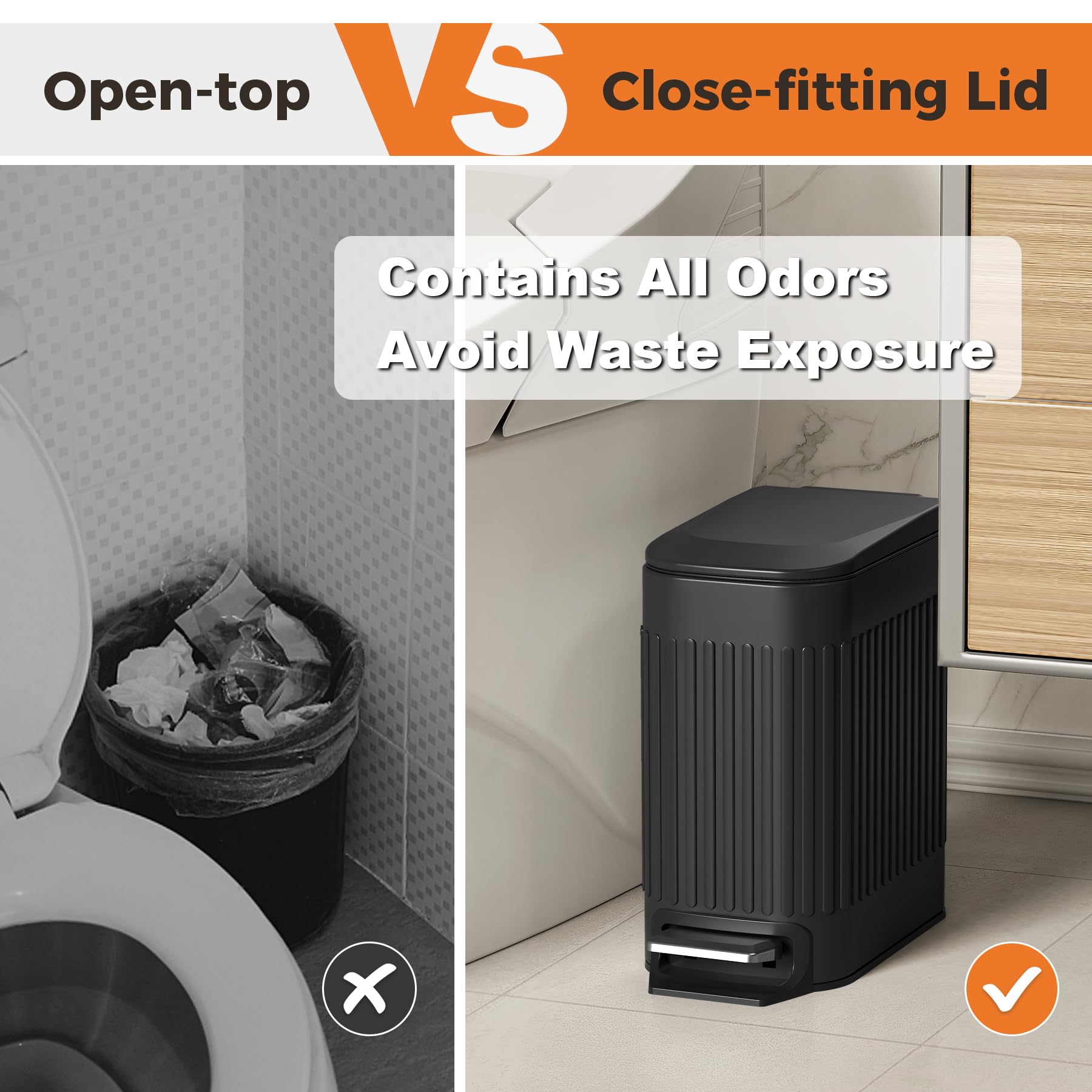 Small Black Bathroom Trash Can with Lid Soft Close & Pedal