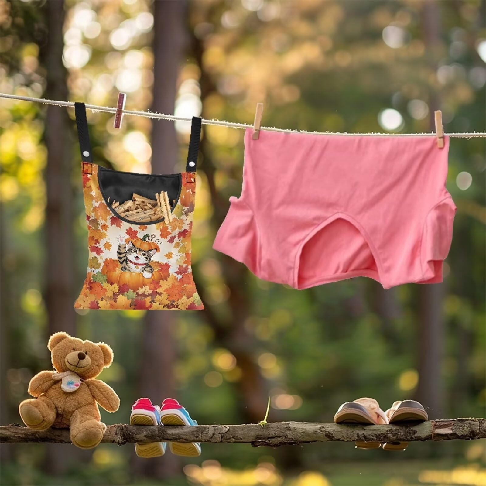 Fall Cat Pumkpin Clothespin Bags with Hanging Rope Maple Space