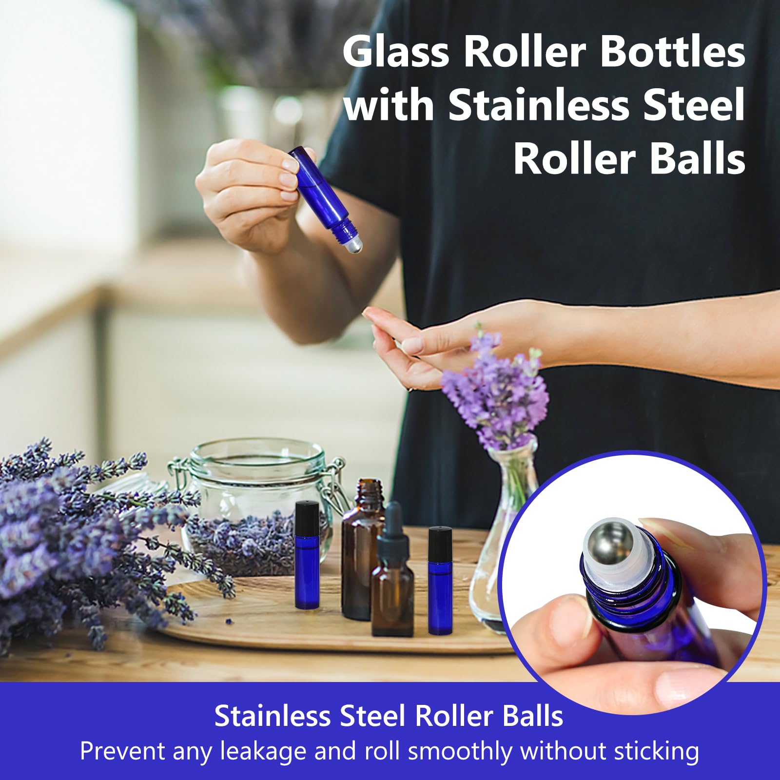 10ml Blue Glass Roller Rottles for Essential Oils (54 Count)