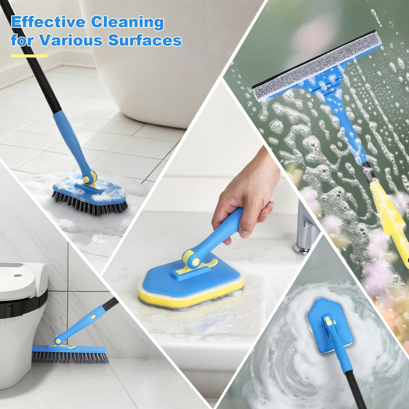 Tile Tub Scrubber Brush with 5 Different Function Cleaning Heads and 51" Extendable Long Handle Non Scratch Shower Scrubber for Cleaning Bathroom Kitchen Toilet Wall Bathtub (9 Count)