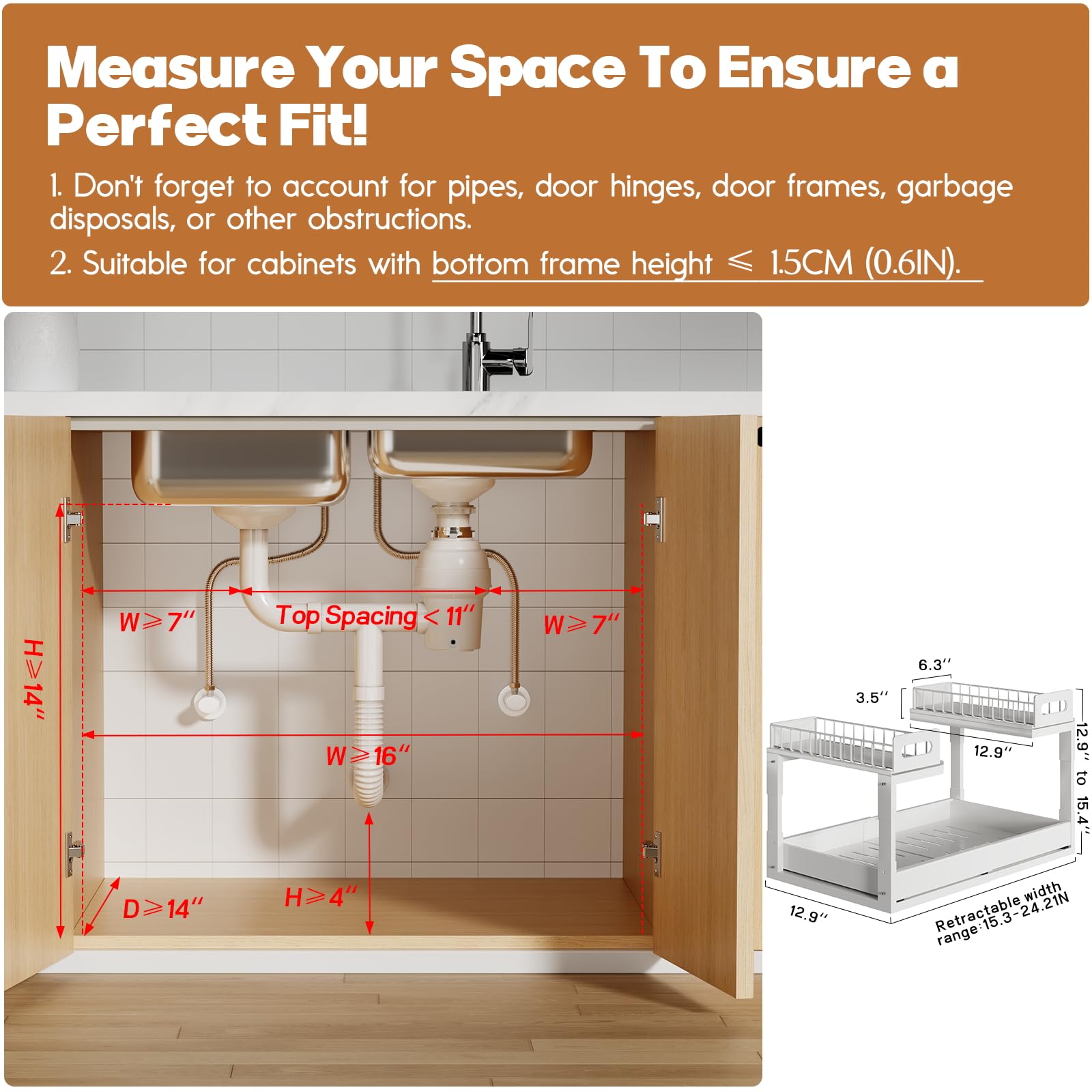 1 Pack Expandable Under Sink Organizers Storage With Upgrade Ball